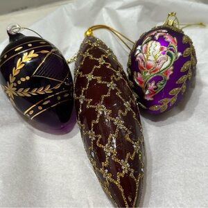 Vintage Hand Made Glass Ornaments Lot Of 3 Purple Hand Painted Christmas